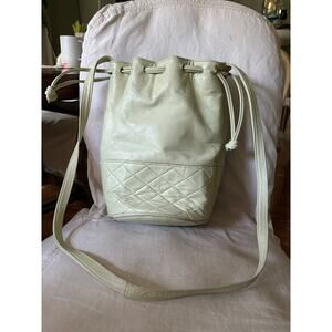 Vintage leather bucket bag crossbody quilted light green drawstring hobo pastel